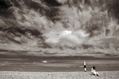 Female and lighthouse on a shingle spit below dramatic sky